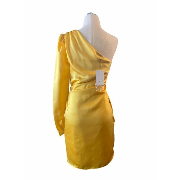 Lovers + Friends Yellow One Shoulder Ana Mini Dress New Satin Cocktail - Picture 7 of 9